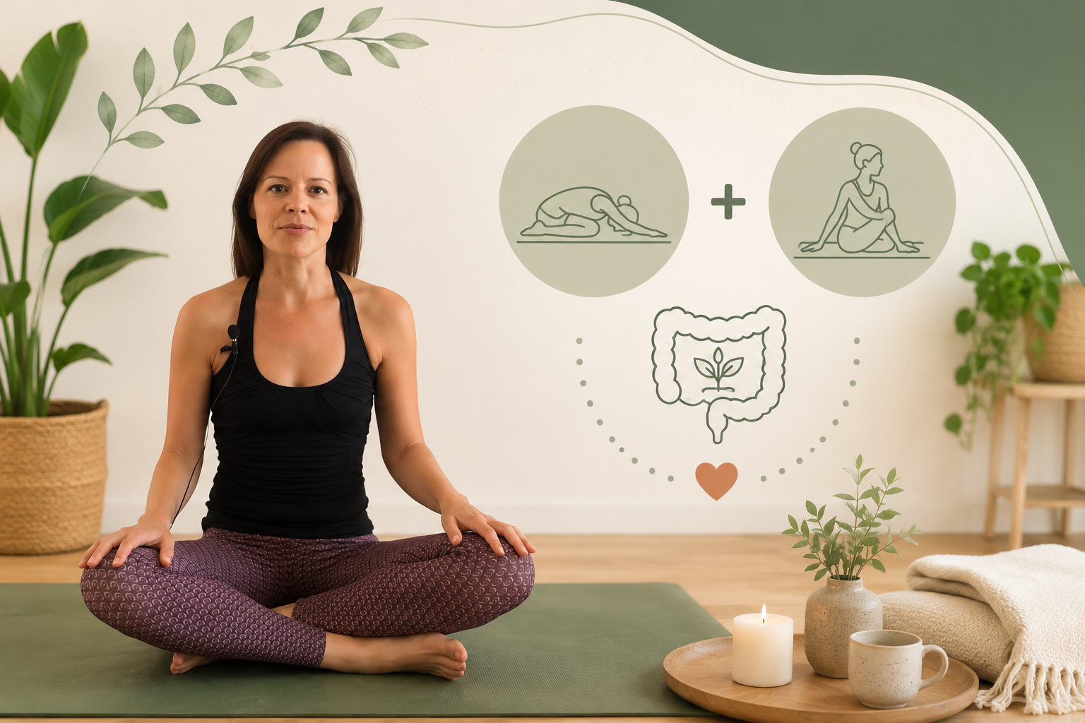 Naturopath and yoga teacher sitting in meditation pose with yoga for constipation poses illustrated beside her